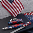 Conklin 1898 USA 250th Anniversary Fountain Pen - Pen and Cap Cover on Top of Notebook with Two US Flags | EndlessPens