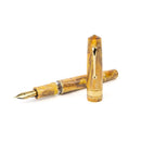 Leonardo × @twenty_sides Momento Zero Grande 2.0 Midas Fountain Pen - Pen and Cap Cover Separated On White Background | EndlessPens