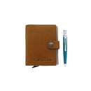 Retro 51 x Pularys Modern Traveler Wallet - Cognac Wallet And A Blue Pen On White Background | EndlessPens